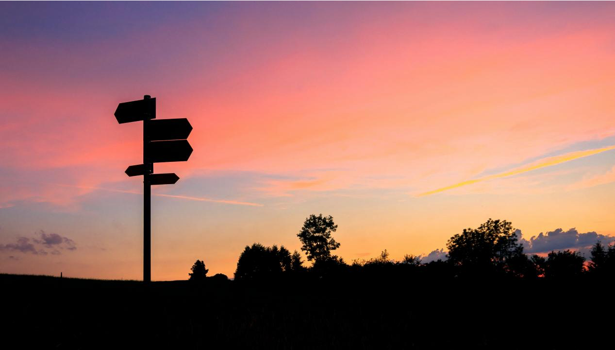 Image of a sunset with a directions sign and trees in front of it. Representign the beauty of getting support from a life coach in Salem, OR. There is a lot that can be gained from choose your own life coaching adventure in Oregon