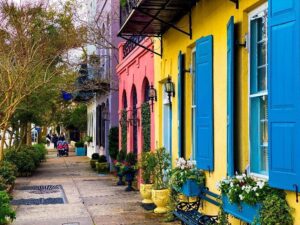 Image of a row of colorful buildings. Representing an area in Charleston where people get ADHD testing in South Carolina. You can even get an SPD assessment.